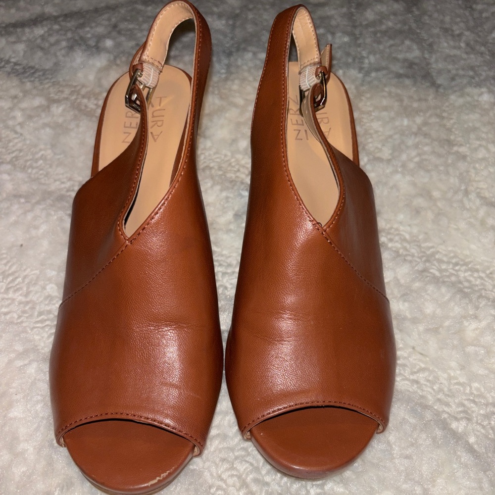Naturalizer Brown Leather Peep-Toe Slingback Heels - Picture 2 of 2